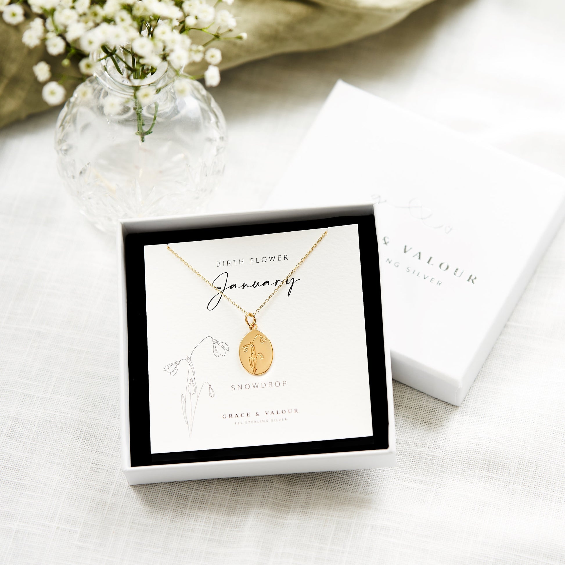 January Snowdrop sterling silver gold plated necklace in giftbox ready for gifting. Silver 925, gold plated, gift for her, gift for mum, gift for bridesmaids, gift for sister, thoughtful birthday gift January, floriography flower january birthday gift