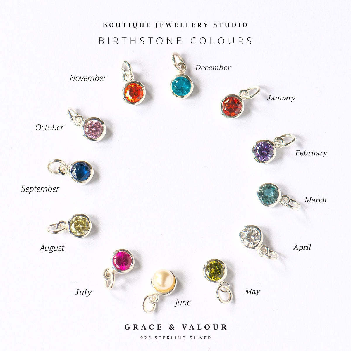 circle of birthstones to show the colours available for each month of the year