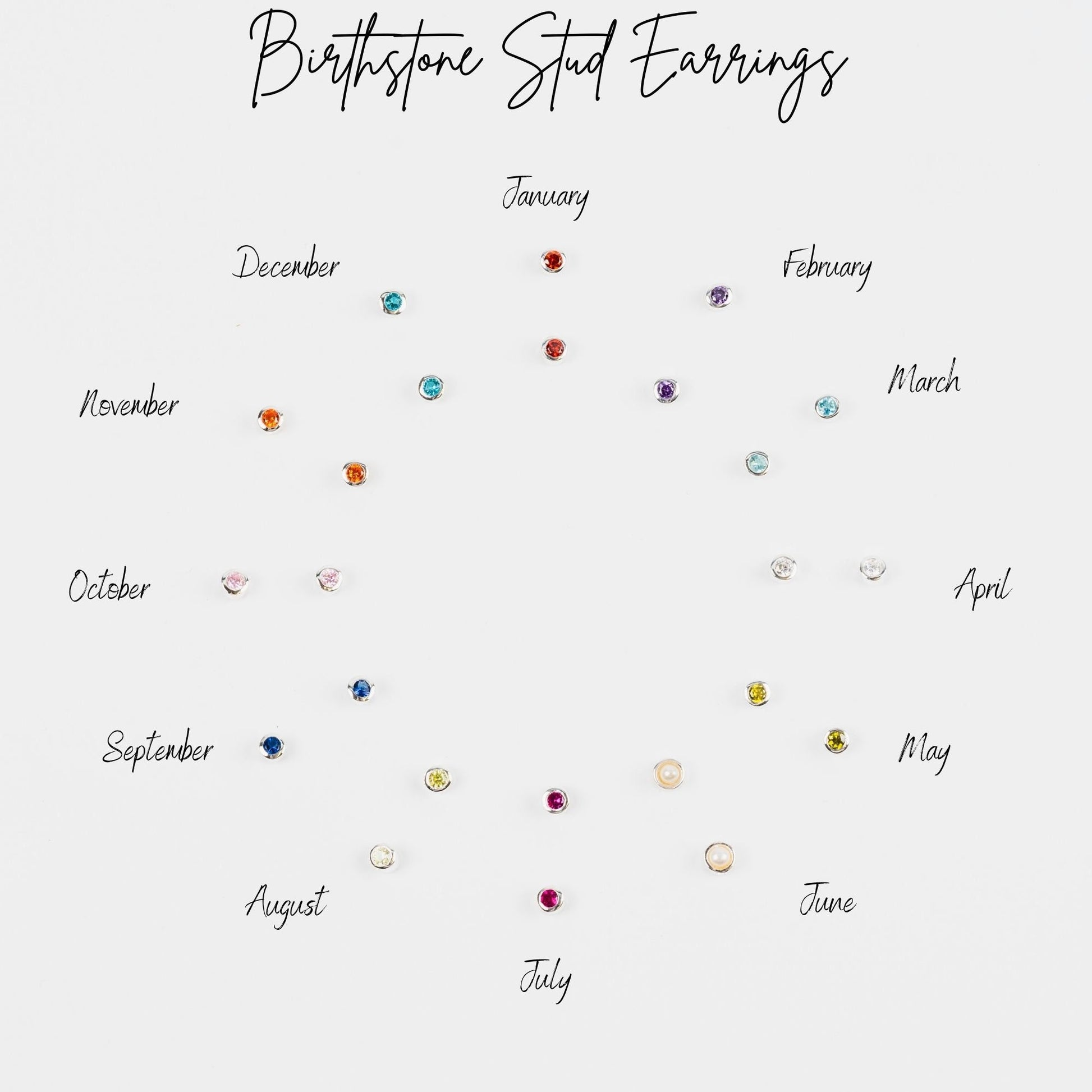 Birthstone Sterling Silver Stud Earrings -January to December. Bezel set high CZ studs for each month of the year made from silver 925 and gift boxed ready for gifting.