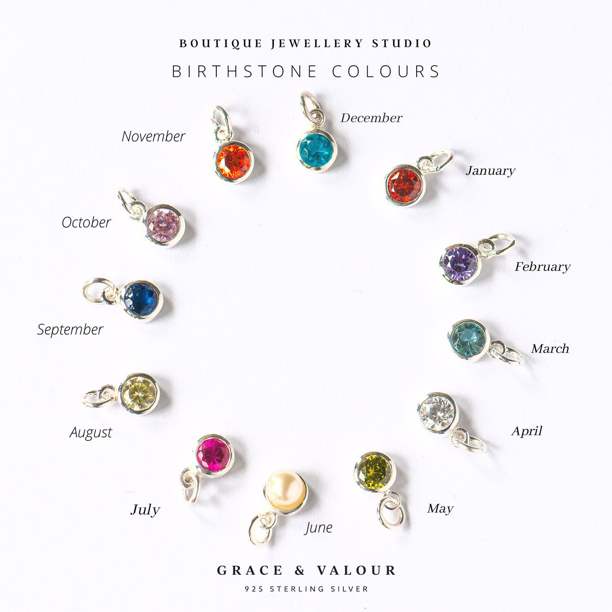 A circular infographic titled 'BOUTIQUE JEWELLERY STUDIO BIRTHSTONE COLOURS' showing twelve sterling silver pendant charms, each labeled with a month from November to June. The pendants feature different colored gemstones, and the bottom text reads 'GRACE & VALOUR 925 STERLING SILVER'.