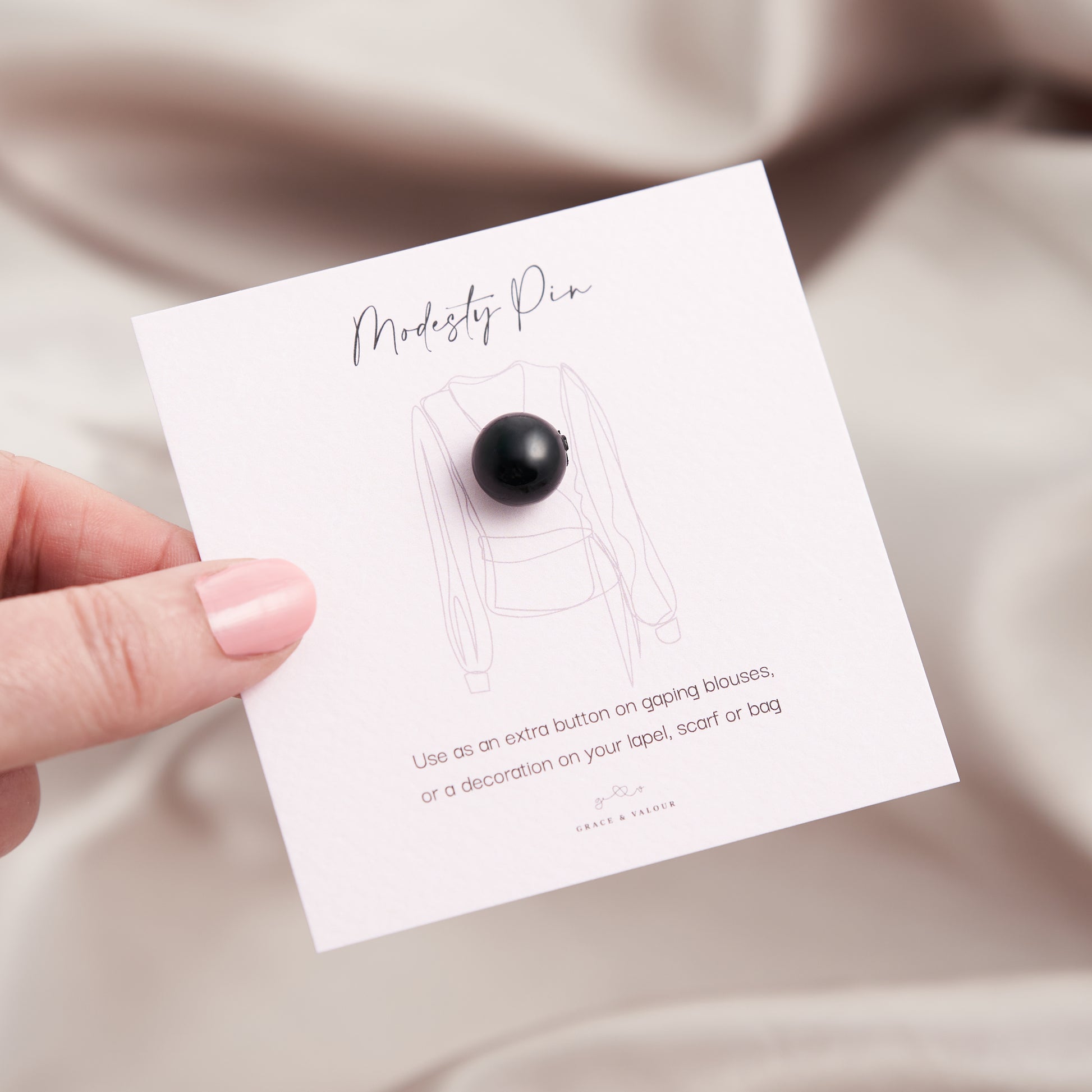 Black faux pearl modesty pin - Grace and Valour on modesty pin gift card, gift for her, extra button pin, gift for mum, gift for friend.