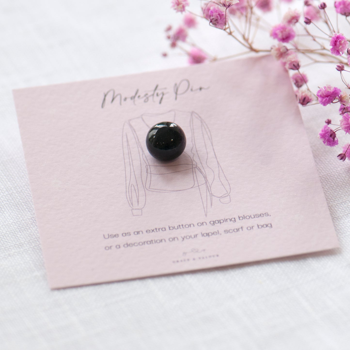 Black faux pearl modesty pin - Grace and Valour on my bespoke Grace and Valour modesty pin gift card, use as an extra button.  Gift for her, extra button pin, gift for mum, gift for friend.