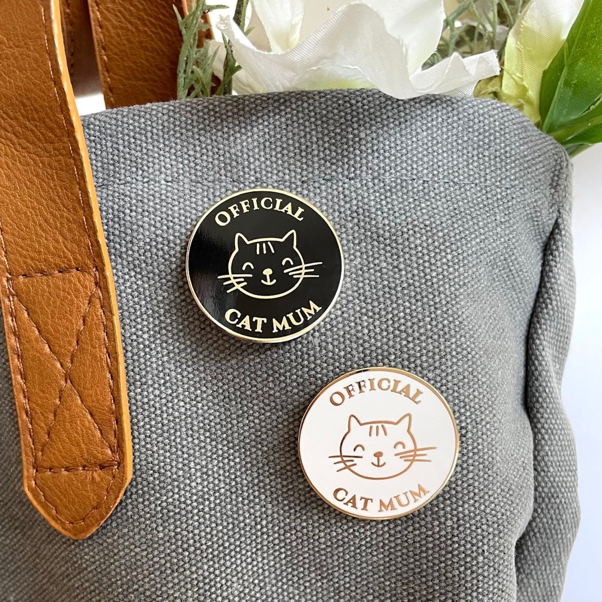 Cat mum pin worn on jacket or bag
