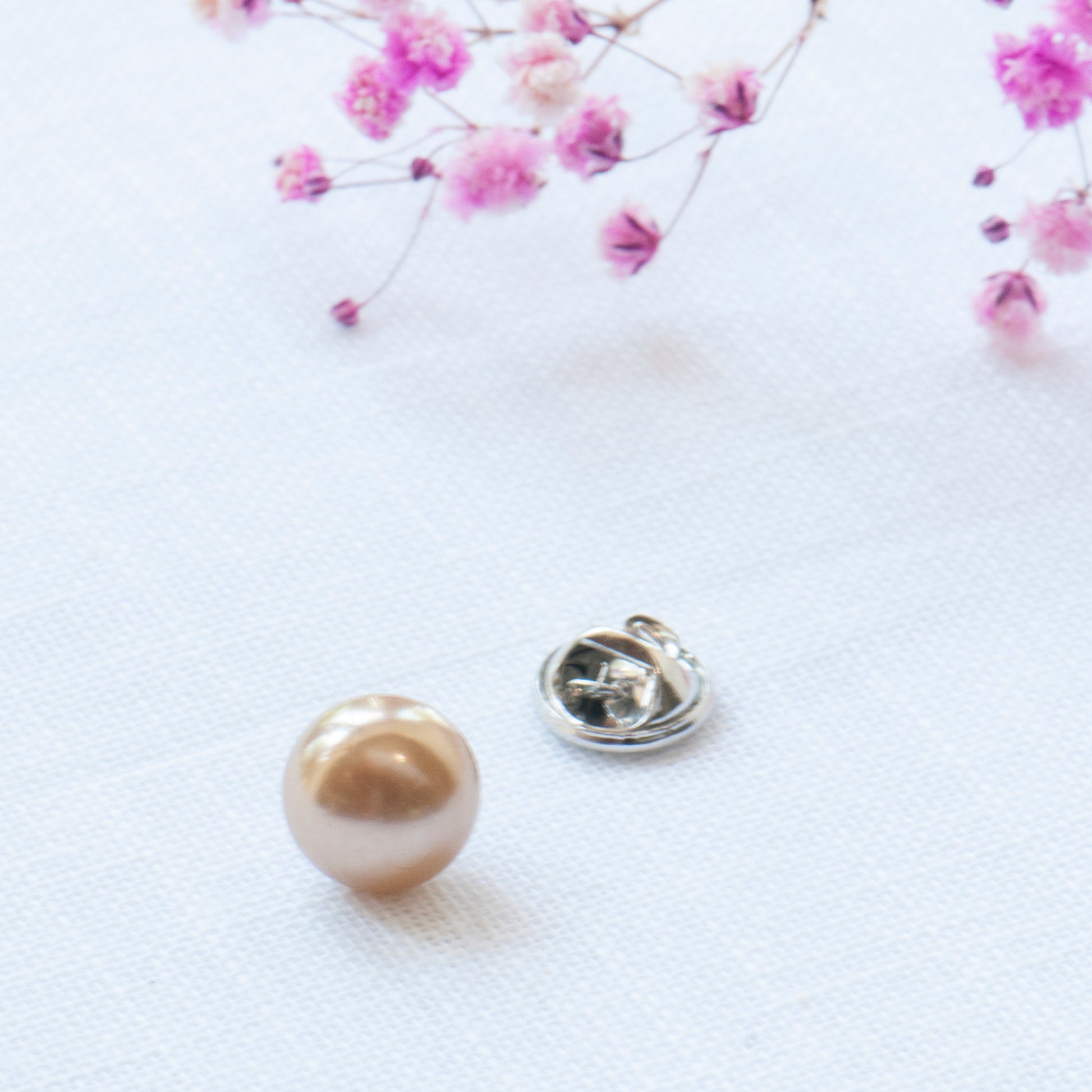 Champagne colour faux pearl modesty pin, extra button pin for a low cut blouse or wrap top. Gift for friend, gift for mum, gift for sister