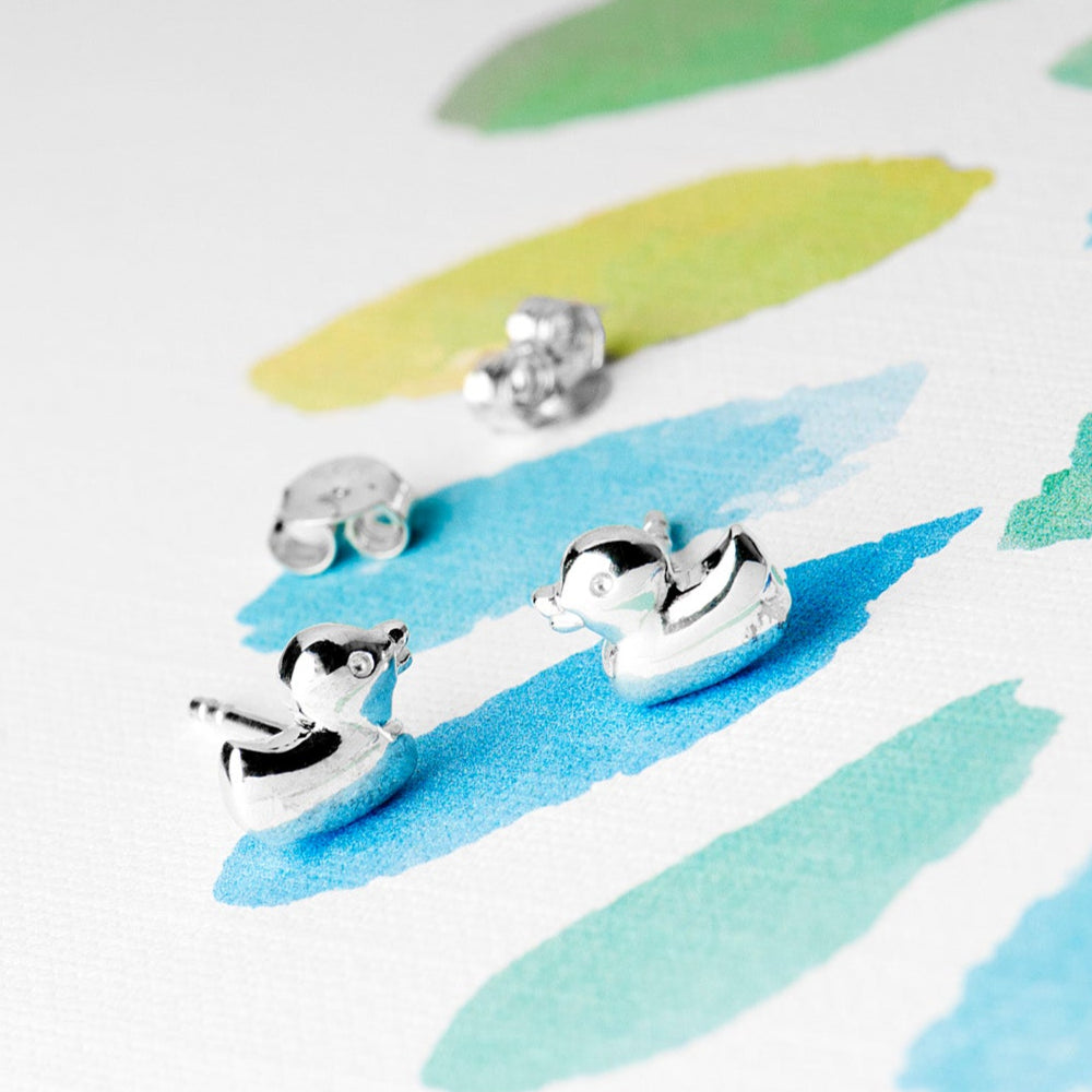 Rubber duck sterling silver stud earrings close up details of the cute little duckies, gift for friend, gift for animal lover, cute duck studs, silver 925