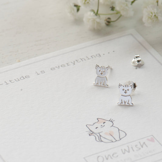 Cute Sterling Silver Cat Stud Earrings, on bespoke gift card that says 'Cat-itude is everything' animal lover gift, cat lover gift, cat owner gift, sweet little everyday studs