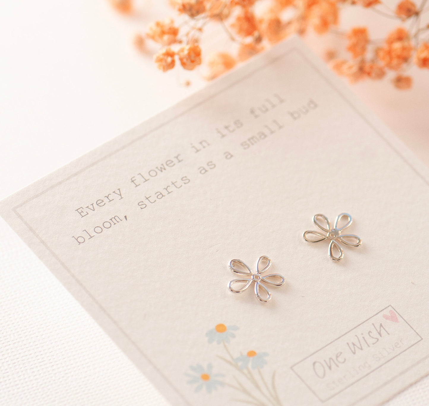 Sterling silver 925 daisy stud earrings on bespoke gift card - Every flower in its full bloom, starts as a small bud.  Gift for friend, gift of encouragement, gift for her, stud earrings silver, flower studs