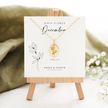 December birthflower - holly on bespoke gift card. Sterling silver and gold plated. Designed by Rachel, Grace & Valour