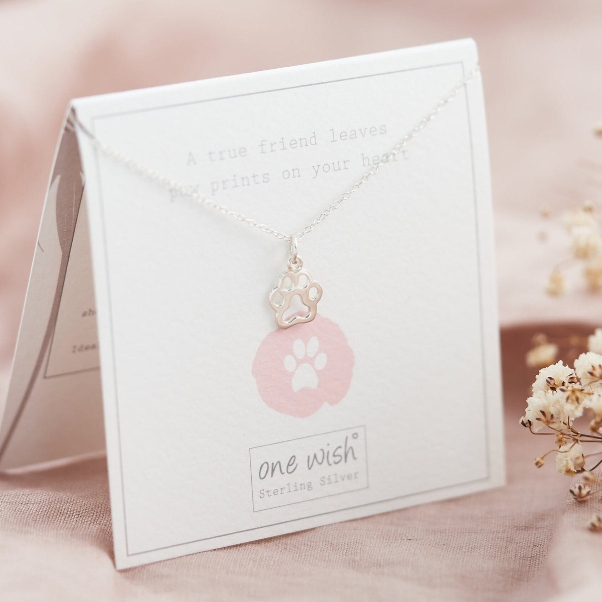 paw print silver necklace on dog lovers quote giftcard