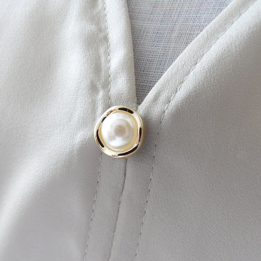Elegant white pearl and gold surround modesty pin or extra button pin, gifts under £10, gift for her, low blouse pin