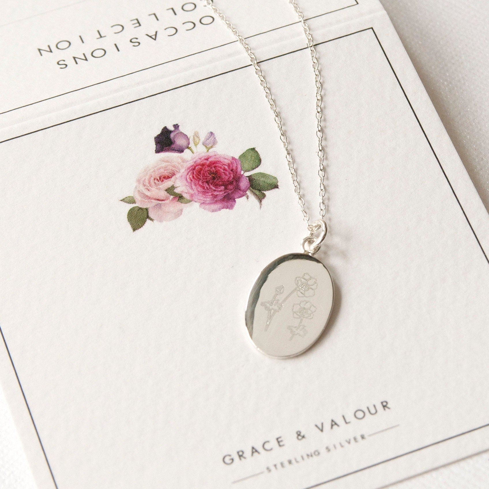 english wildflowers engraved oval design necklace