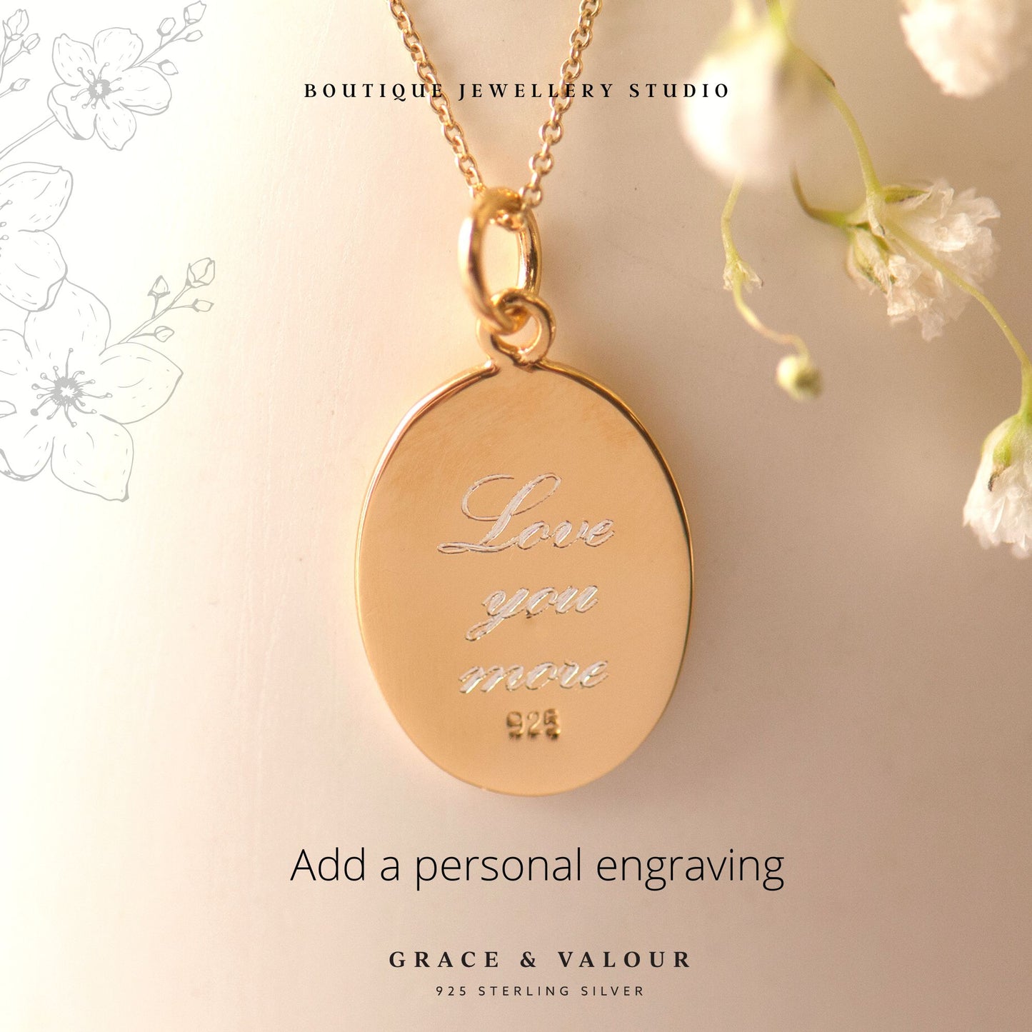 Engraved back of gold oval flower necklace, engraved with 'Love you more' lovely gift for valentines day, mother's day, for a wife or girlfriend