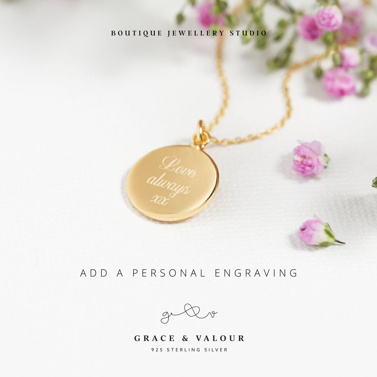 script engraving on the back of a necklace reads 'Love always'