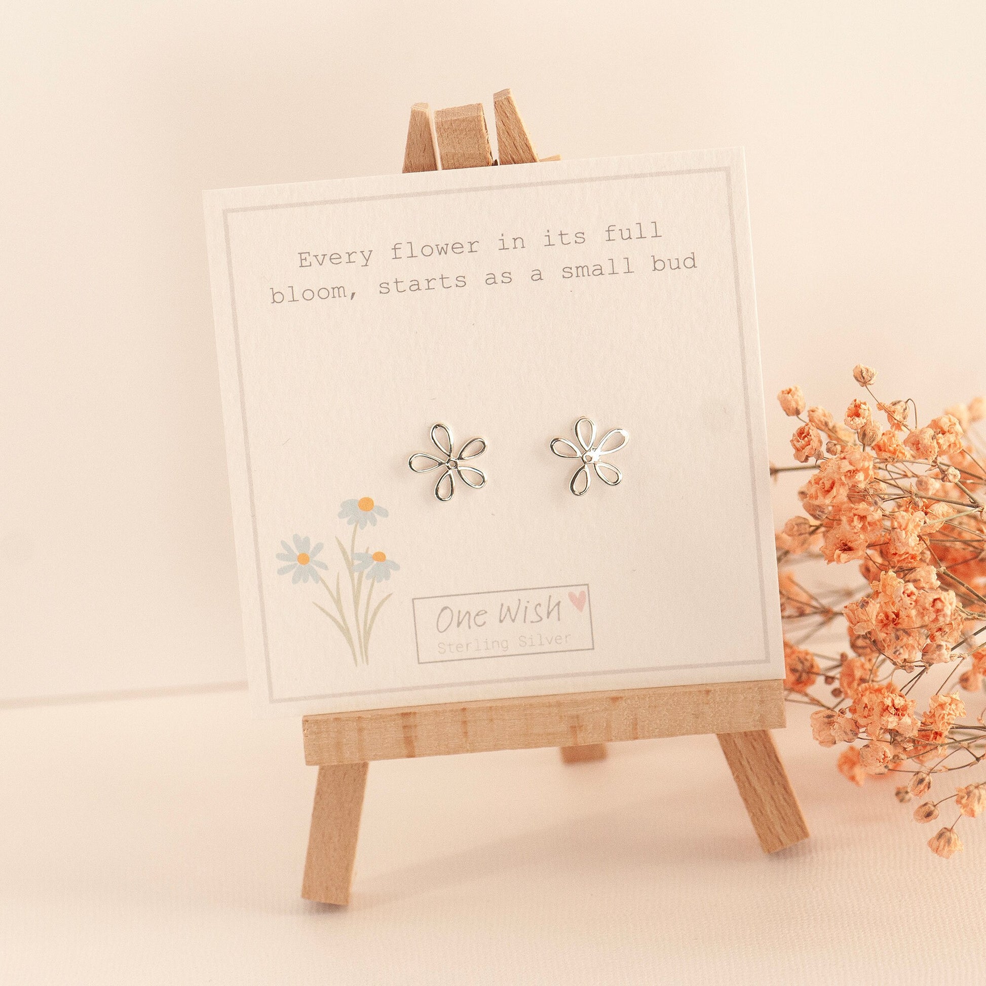 Sterling silver 925 daisy stud earrings on bespoke gift card - Every flower in its full bloom, starts as a small bud.  Gift for friend, gift of encouragement, gift for her, stud earrings silver, flower studs