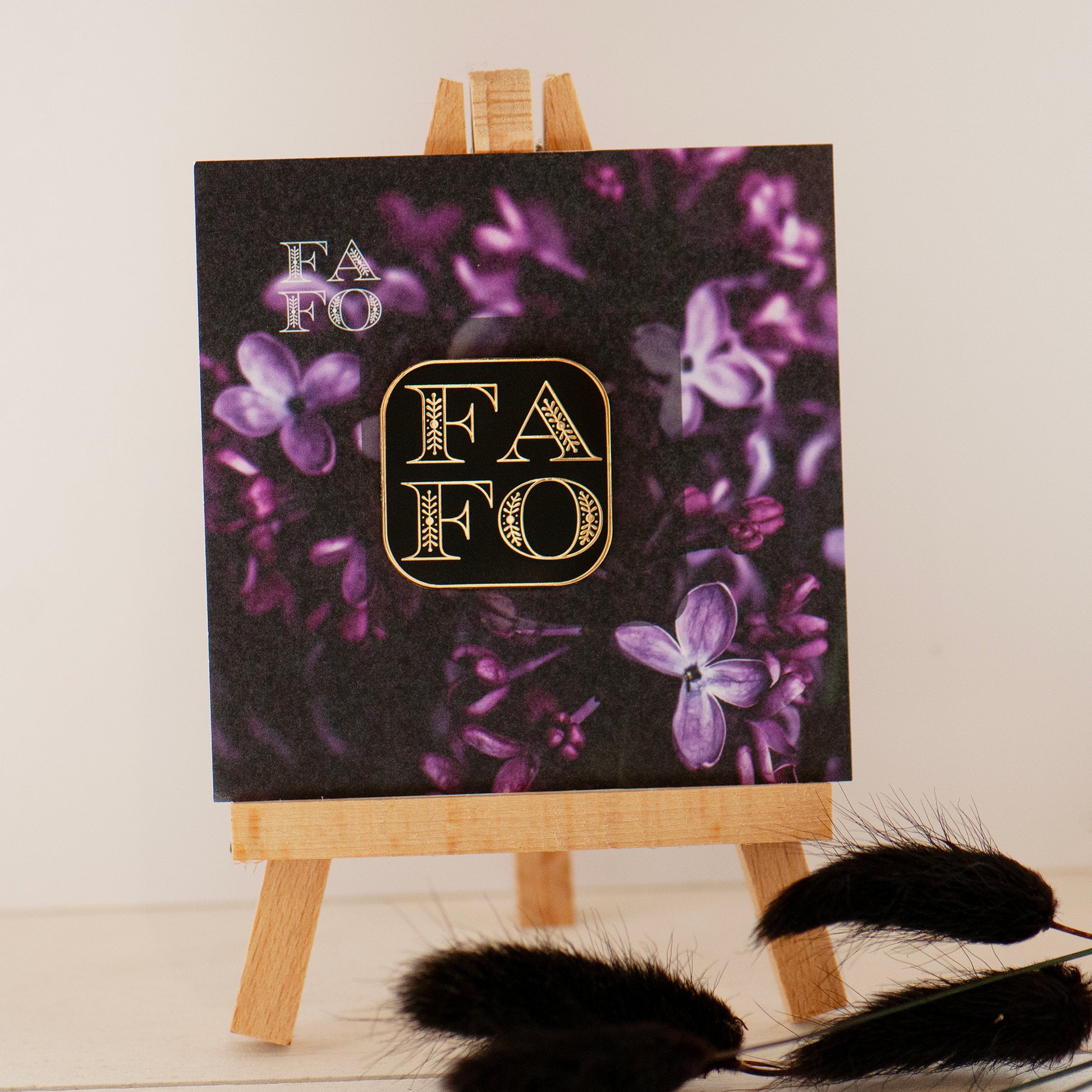 Square FAFO pin Black and gold, designed by Rachel, Grace & Valour