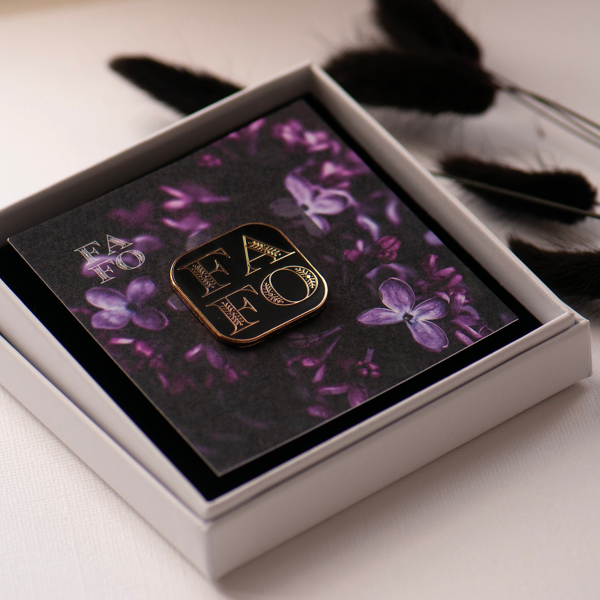 FAFO square black and gold pin on my bespoke gift card in a white gift box ready for gifting, gifts under £10, funny pin gift, sassy humour gift,