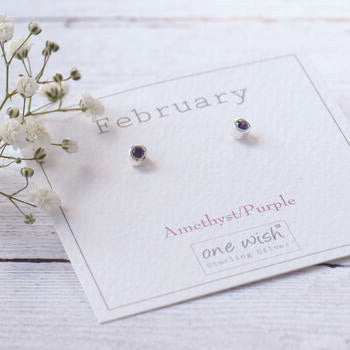 February Birthstone Sterling Silver Stud Earrings. Amethyst CZ bezel set stone studs made from silver 925 on my bespoke February birthday gift card. Gift for sister, gift for friend, gift for colleague