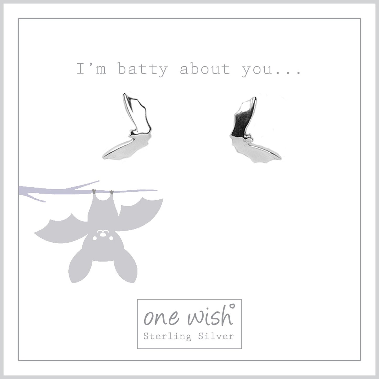 Uber cute little Flying bats stud earrings made from Sterling Silver beautifully packaged on our bespoke One Wish gift card which reads 'I'm batty about you'
