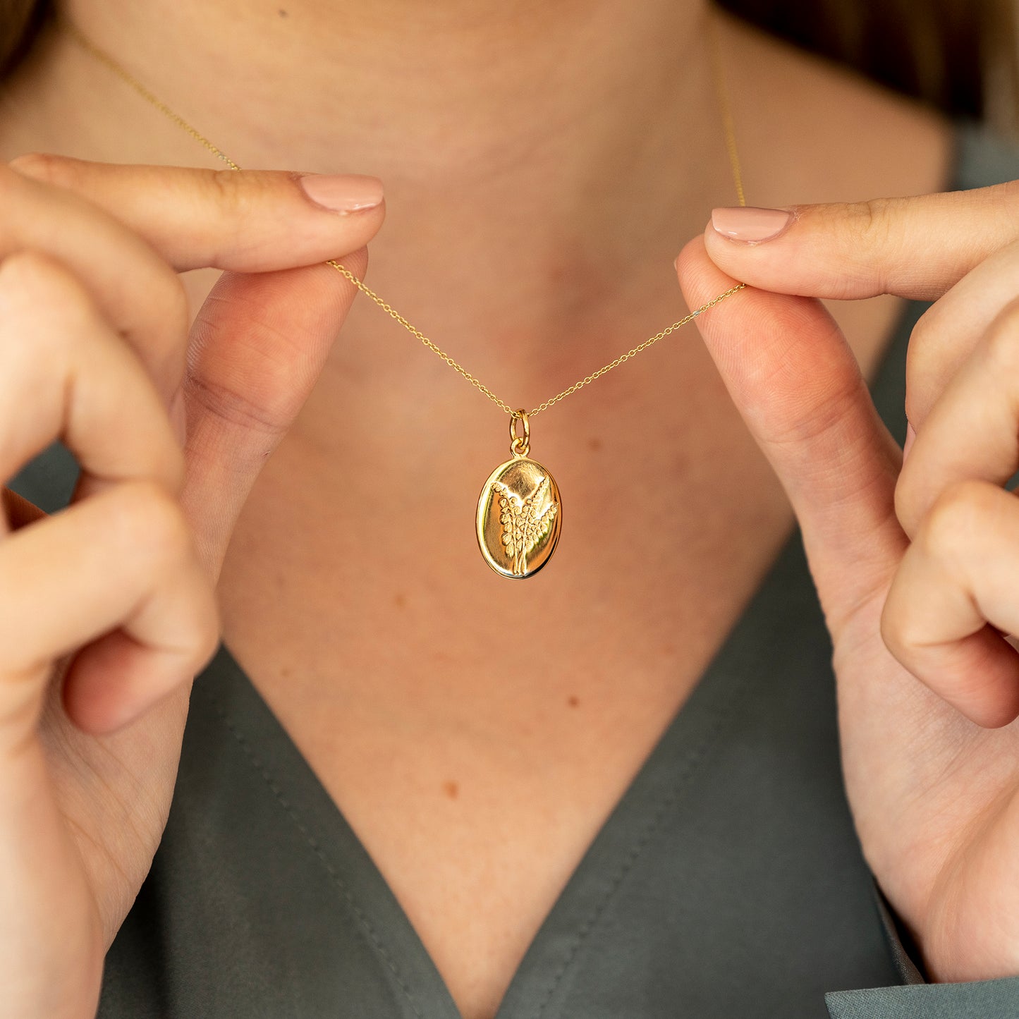 Heather Flower Engraved Gold Oval Necklace,