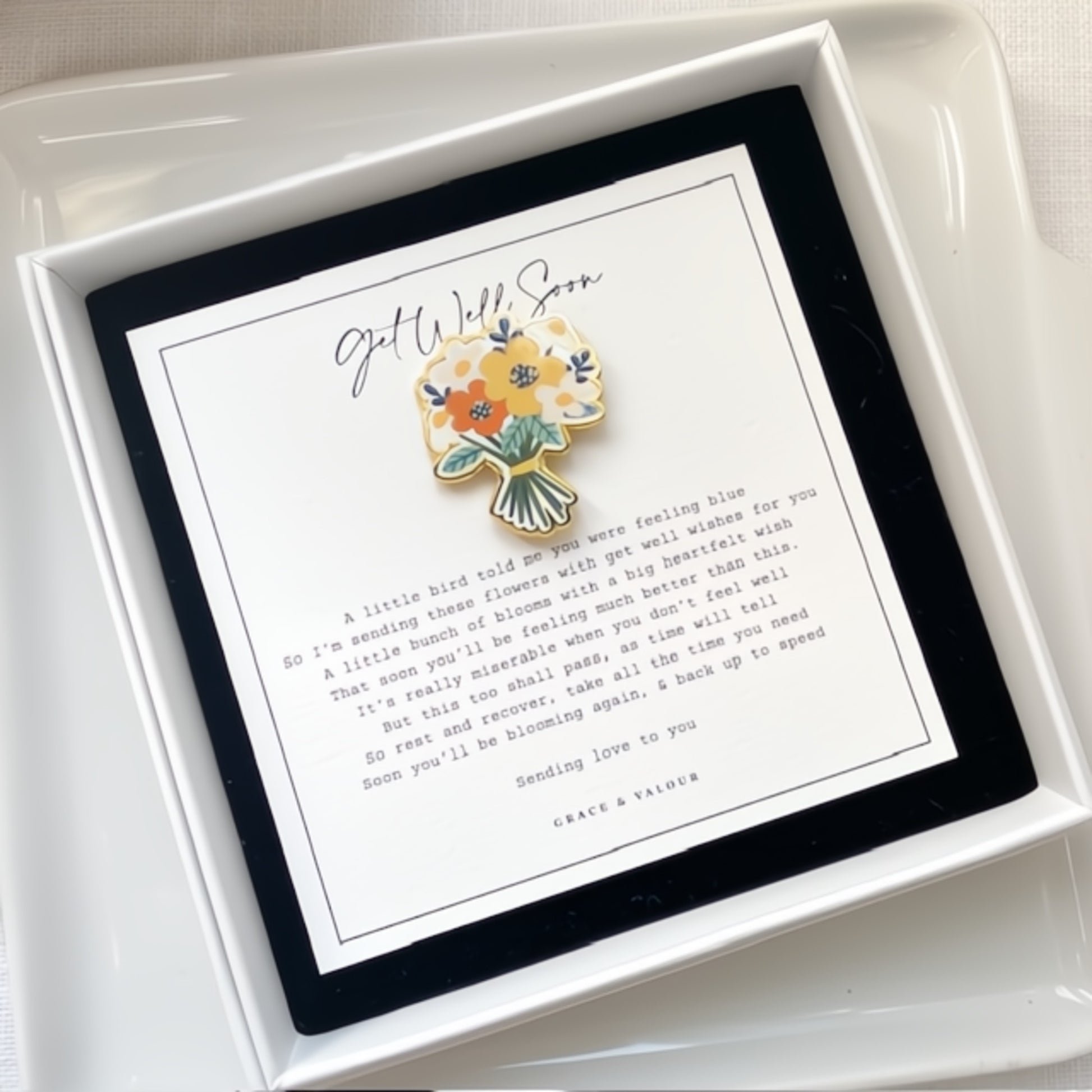 Get well soon poem with enamel pin bunch of flowers
