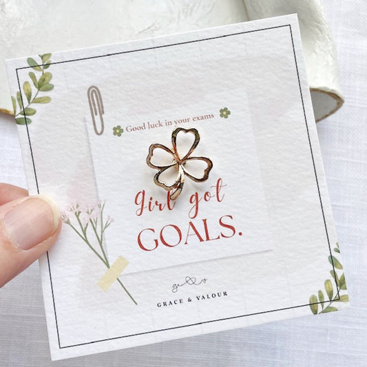 Gold Clover Enamel Pin – “Girl Got Goals” Good Luck Exam Gift (GCSE / A-Level Student)