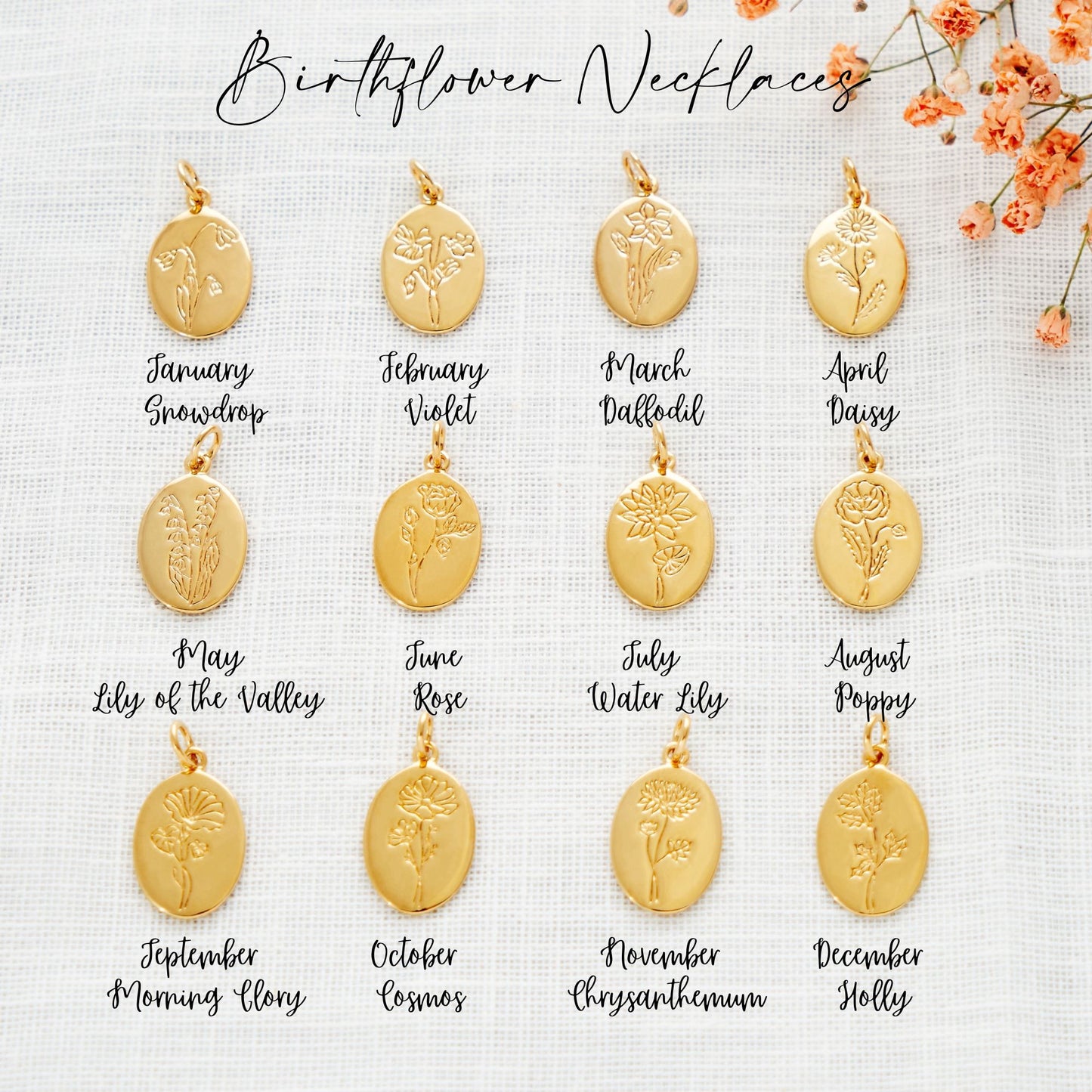 January to December Birth Flower Necklaces Grace & Valour, January Snowdrop, February Violet, March Daffodil, April Daisy, May lily of the valley, June Rose, July Waterlily, August, Poppy, September Morning Glory, October Cosmos, November Chrysanthemum, and December the lovely seasonal Holly