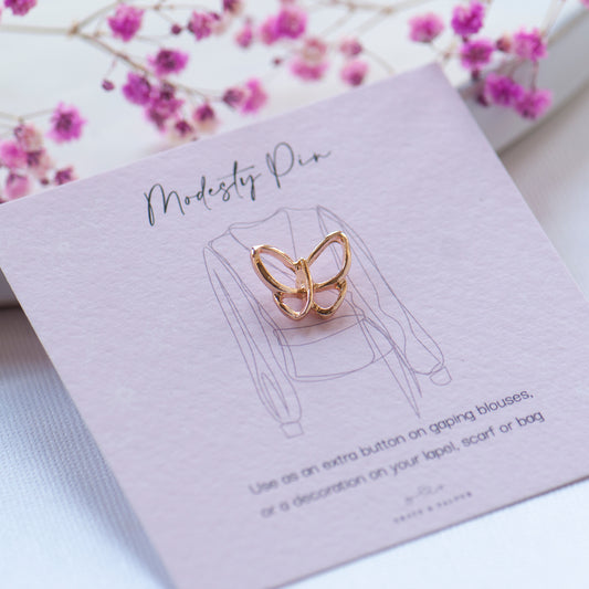 Gold butterfly modesty or extra button pin on bespoke gift card - Grace & Valour. Gift for mum, gift for bridesmaids, gift for her