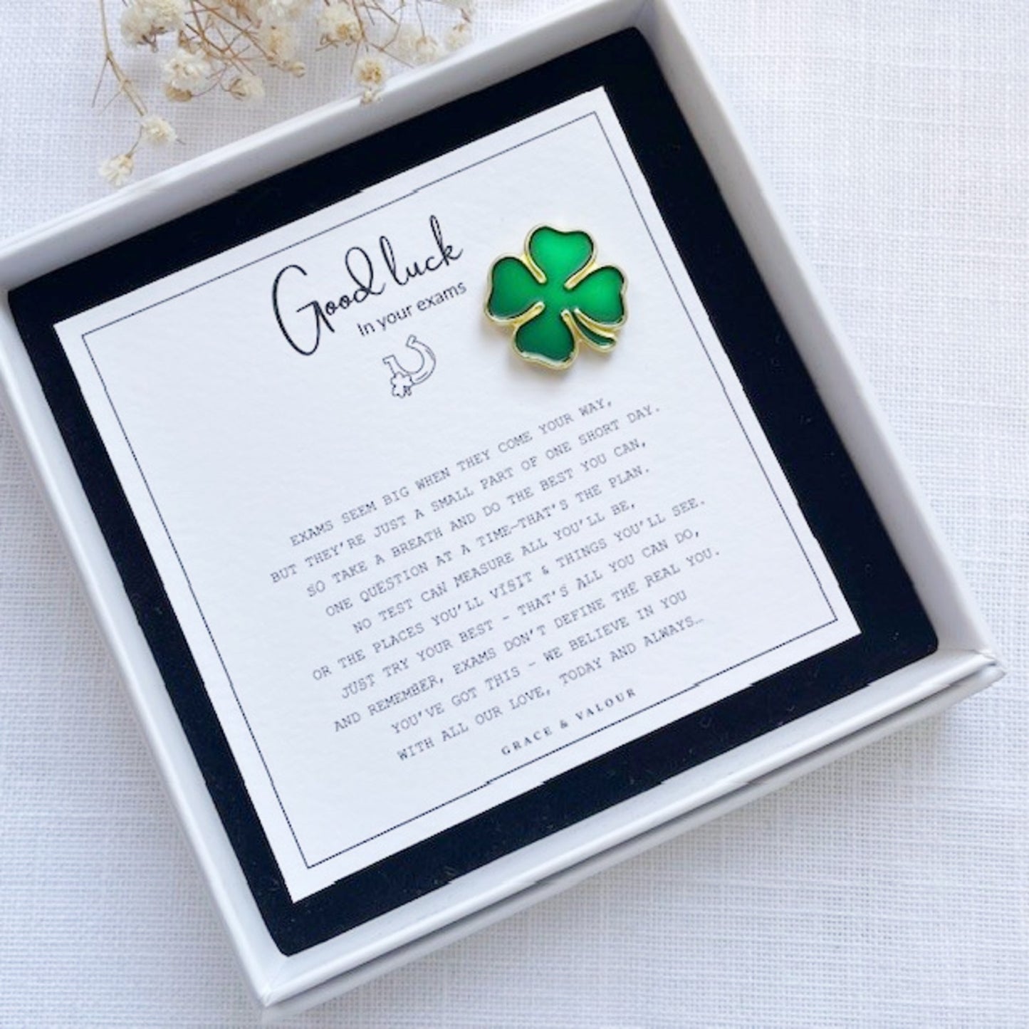 Good luck exam poem gift with green clover pin