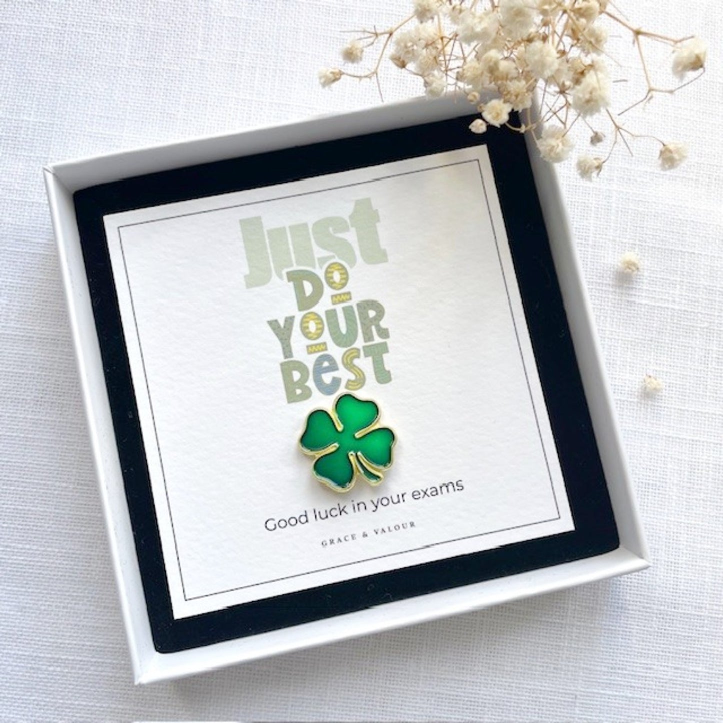lucky clover enamel pin with just do your best card gift box  packaging