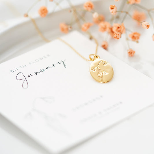 January Snowdrop sterling silver gold plated birthflower necklace. Ideal gift for her, gift for bridesmaids, gift for mum, gift for sister, can be personalised on the back of the necklace, designed by Rachel, Grace & Valour