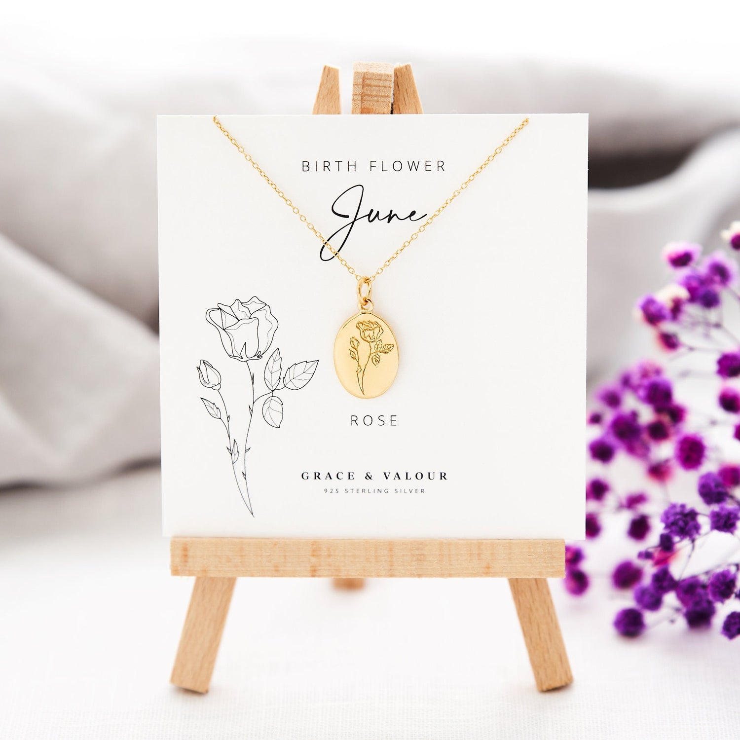 June Birthflower rose gold engraved necklace on bespoke gift card, june birthday gift, sterling silver 925, gift for her, gift for friend, bridesmaids gift, gift for mum, wedding gift, thoughtful gift, can be personalised with an engraving on the back of the pendant, gift boxed and ready for gifting