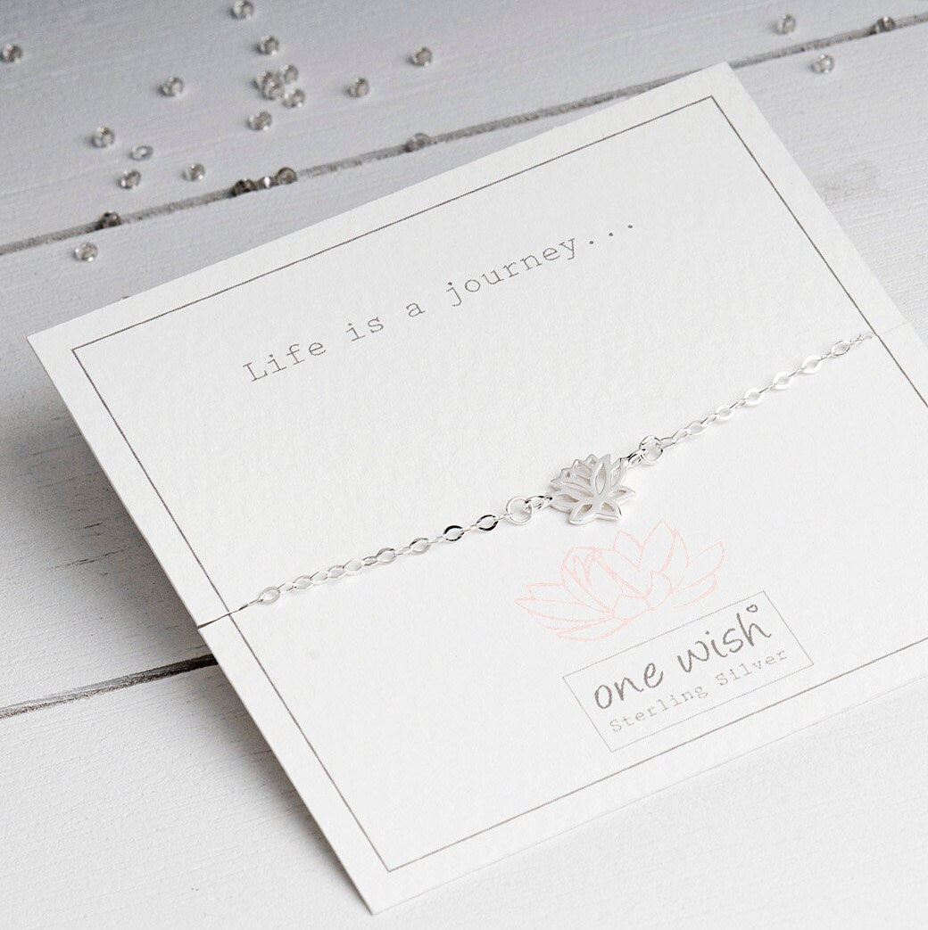 Dainty lotus flower bracelet made from sterling silver 925 on life is a journey bespoke gift card designed by Rachel - Grace and Valour