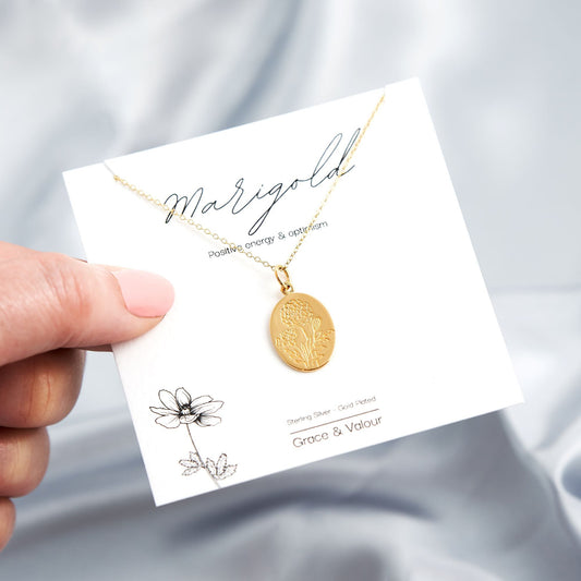 Marigold Engraved Gold Plated Flower Necklace, floriography pendant, personalised necklace for flower lover, gardener gift, nature lover gift, sterling silver 925