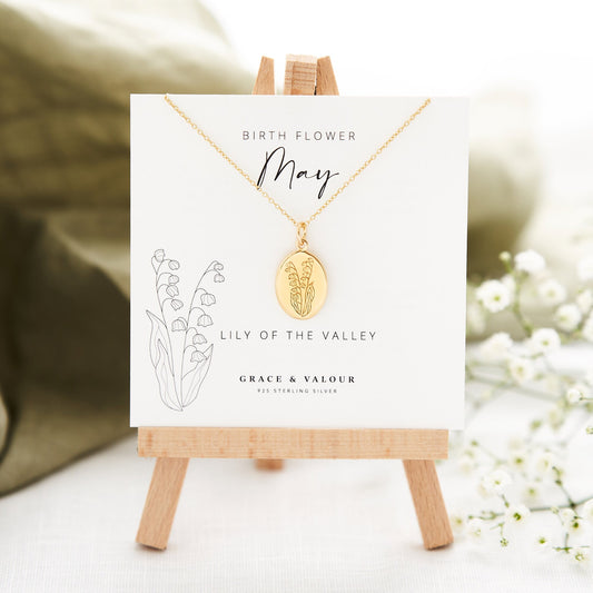 May Lily of the Valley Birth Flower gold necklace, engraved with your birthflower and on the appropriate birth month gift card.  Designed by Rachel - Grace & Valour