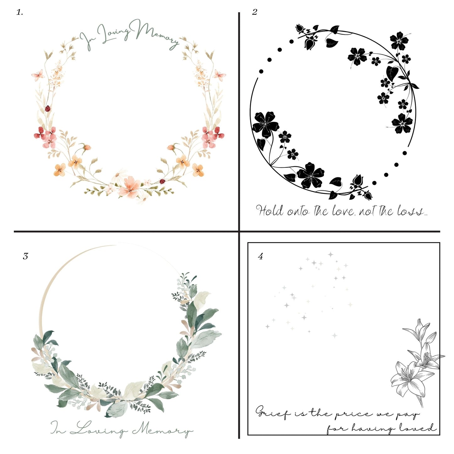 four card options for the memorial gift tiles