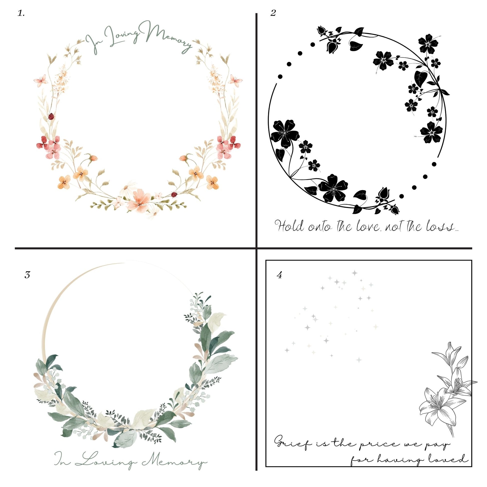 four card options for the memorial gift tiles