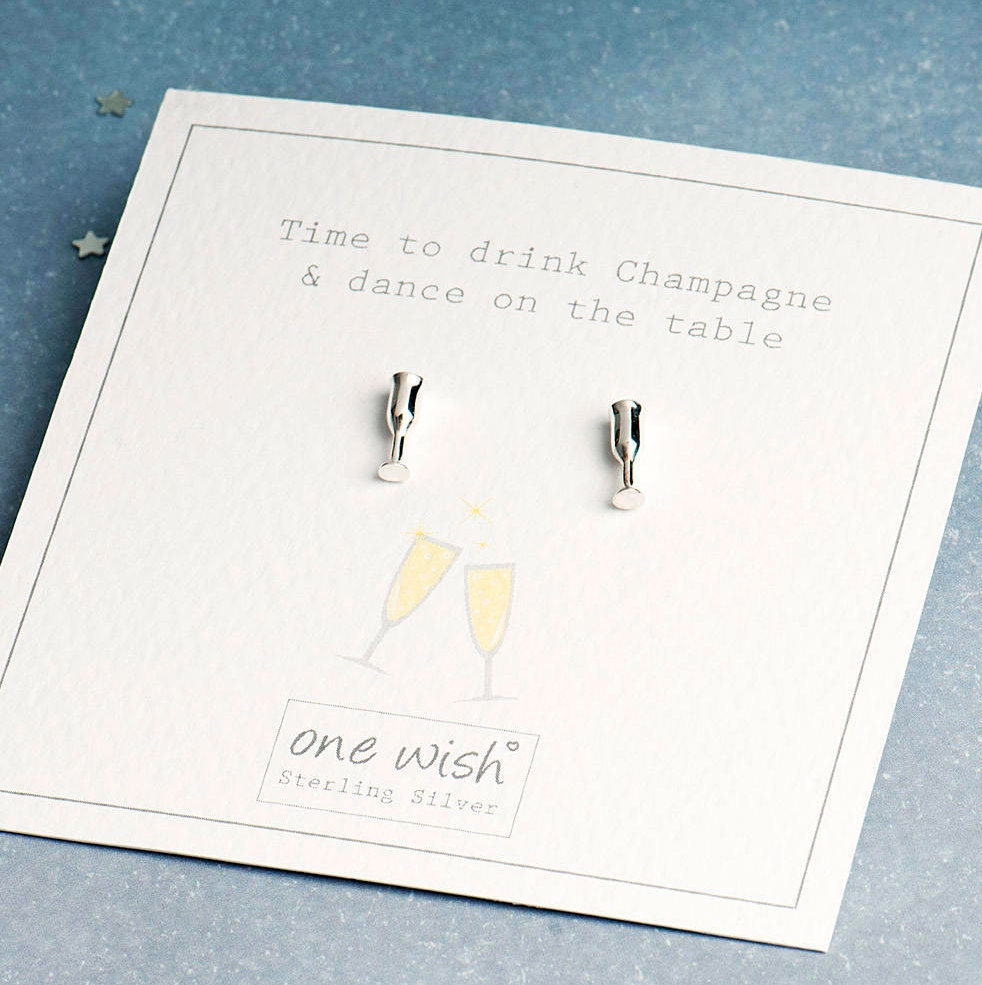 silver champagne flute stud earrings on a time to drink champagne and dance on the table gift card