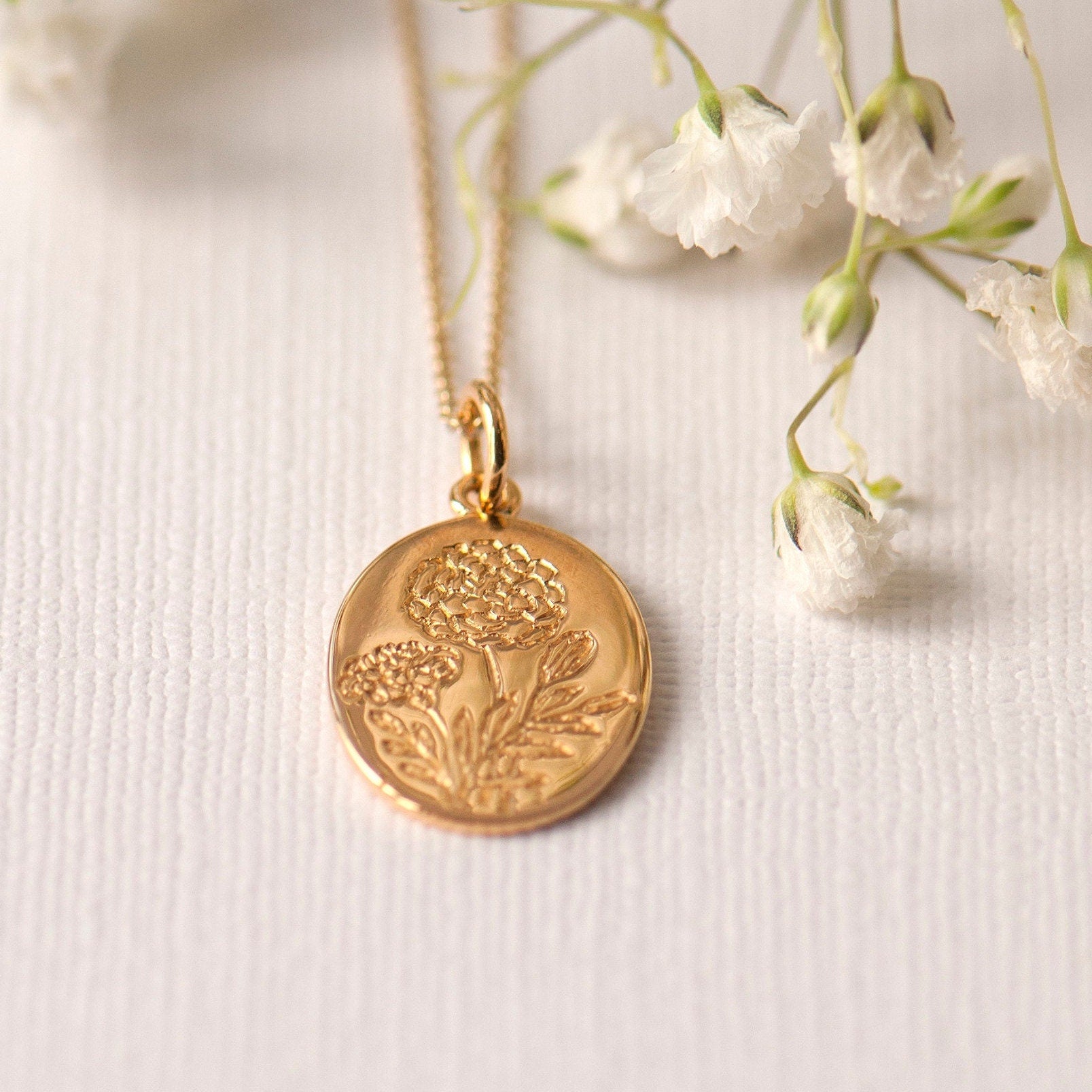 Marigold Engraved Gold Plated Flower Necklace, flower necklace grace and valour, can be personalised on the back with your engraving, gift for mum, gift for gardener, floral pendant gold plated over Sterling Silver - Grace & Valour