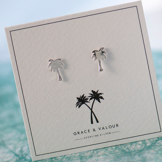 Palm tree stud earrings sterling silver 925 on bespoke palm tree gift card, perfect for summer, beach holidays or to remind you of summer fun. gift for her, gift for traveller, gift for bestie