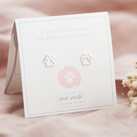 Paw print sterling silver 925 stud earrings on bespoke gift car which reads ' A true friend leaves paw prints on your heart'  Great gift for dog lover or cat lover, animal lover gift, arrives gift boxed and ready for gifting - Designed by Rachel - Grace & Valour