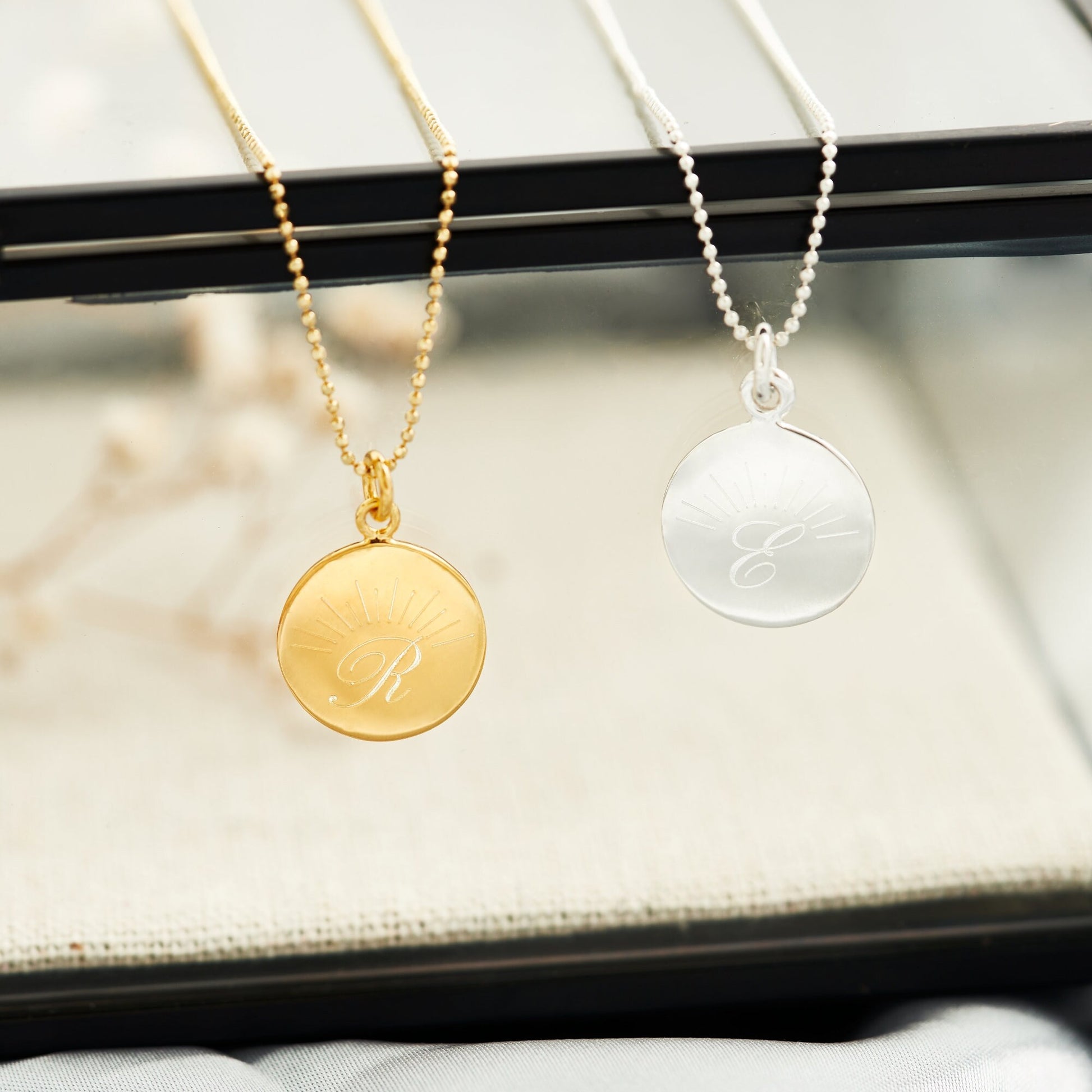 sunrise, sunset, initial disc necklaces made from sterling silver and gold or rose gold plated