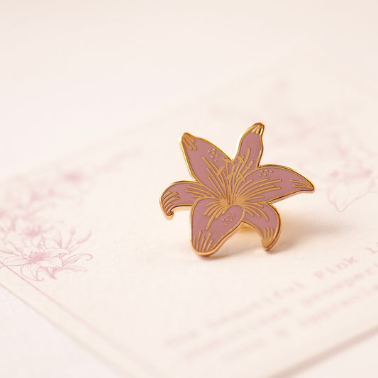 Pink and gold detailed stargazer lily enamel pin on my bespoke lily gift card, gifts under £10, flower gifts