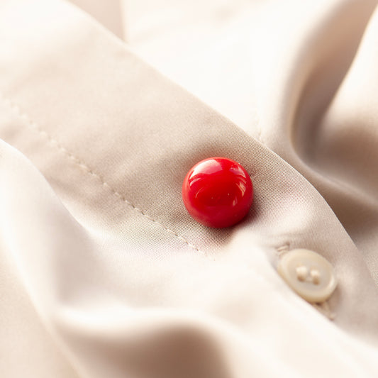 Red faux pearl modesty or extra button pin -on low cut blouse. Grace & Valour, low top pin, no cleavage pin, no peeping pin, gifts under £10