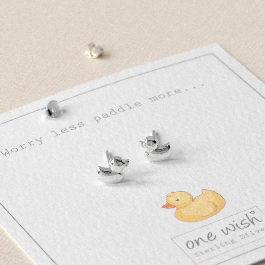 Rubber duck sterling silver stud earrings on Worry less paddle more gift card. A lovely thoughtful gift for her, great gift for an animal lover, an exam gift, gift for pmh, worriers gift sterling silver 925