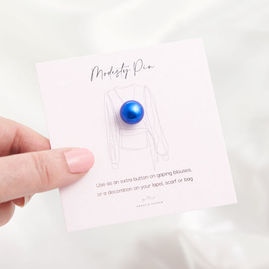 Sapphire blue modesty pearl pin Grace & Valour, gift for mum, extra button pin, gift for her, cleavage pin, gaping blouse pin, low top pin, gift for friend, bridesmaids pin