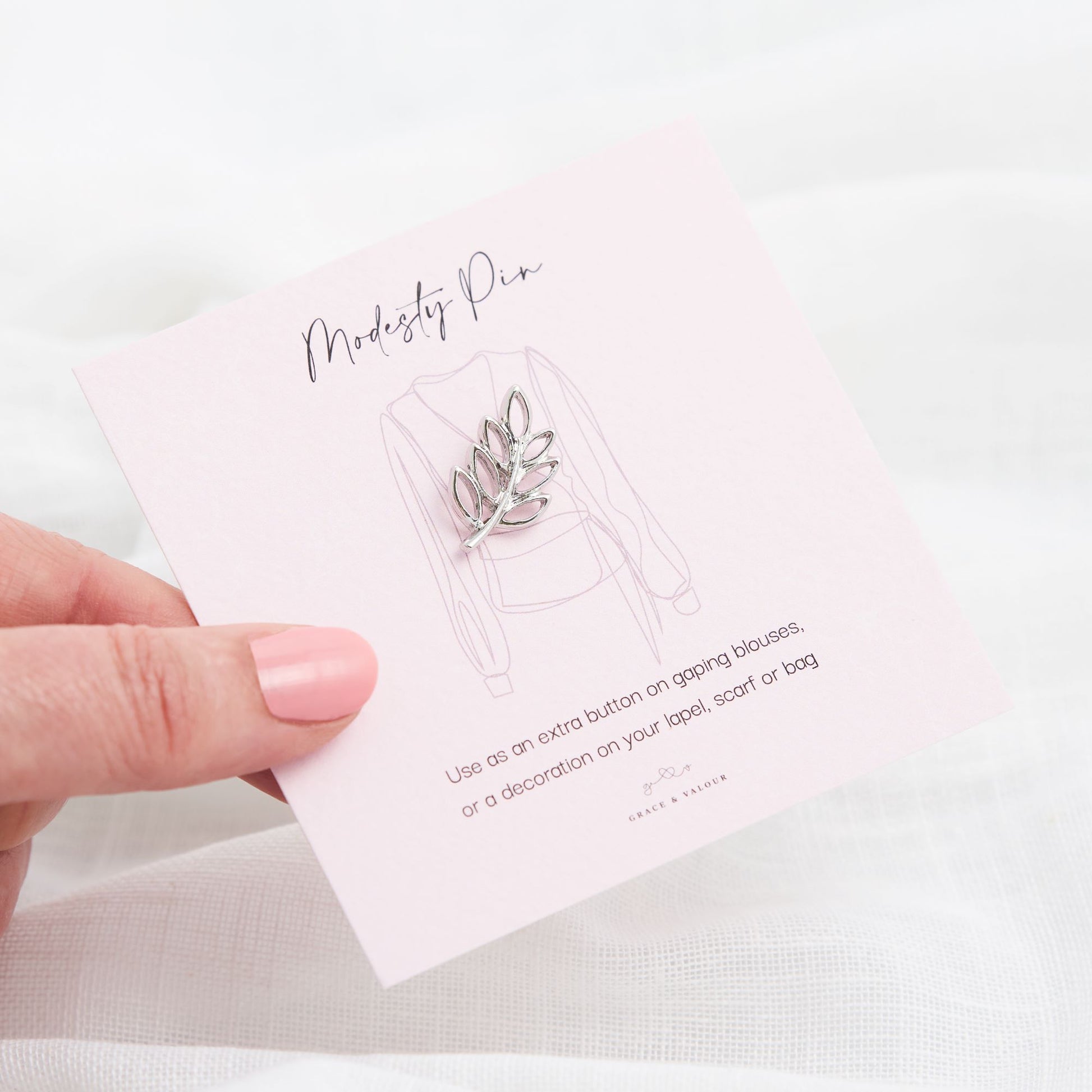 little silver leaf modesty pin on bespoke gift card. gold leaf design modesty pin, nature lover gift, low top pin, cleavage pin, gift for her, gift for daughter, gift for friend