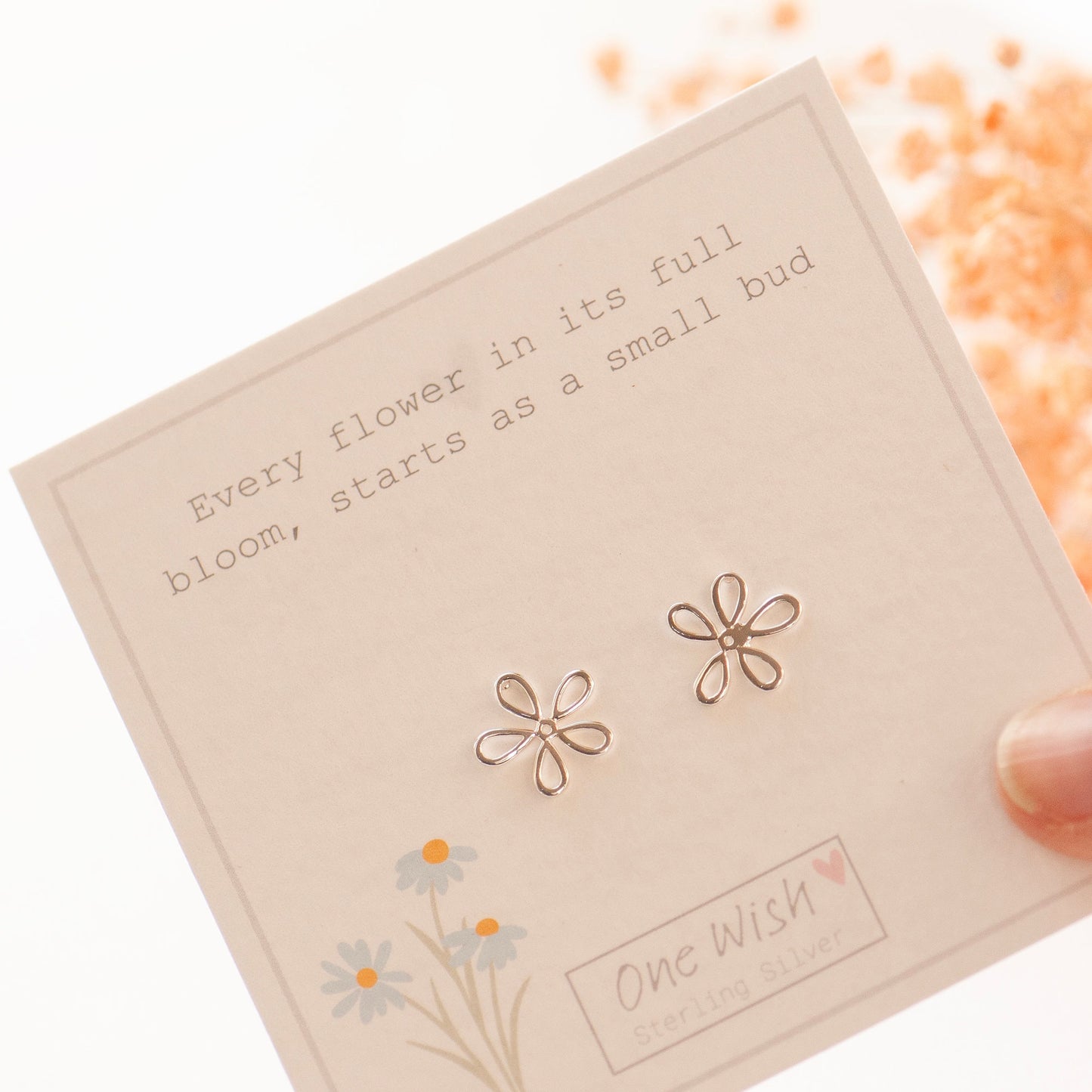 Sterling silver 925 daisy stud earrings on bespoke gift card - Every flower in its full bloom, starts as a small bud.  Gift for friend, gift of encouragement, gift for her, stud earrings silver, flower studs