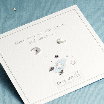 Sterling silver crescent moon stud earrings on bespoke - Love you to the moon and back giftcard