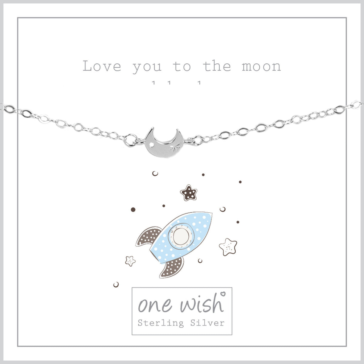 sterling silver bracelet of moon on giftcard with a rocket design that says 'love you to the moon'