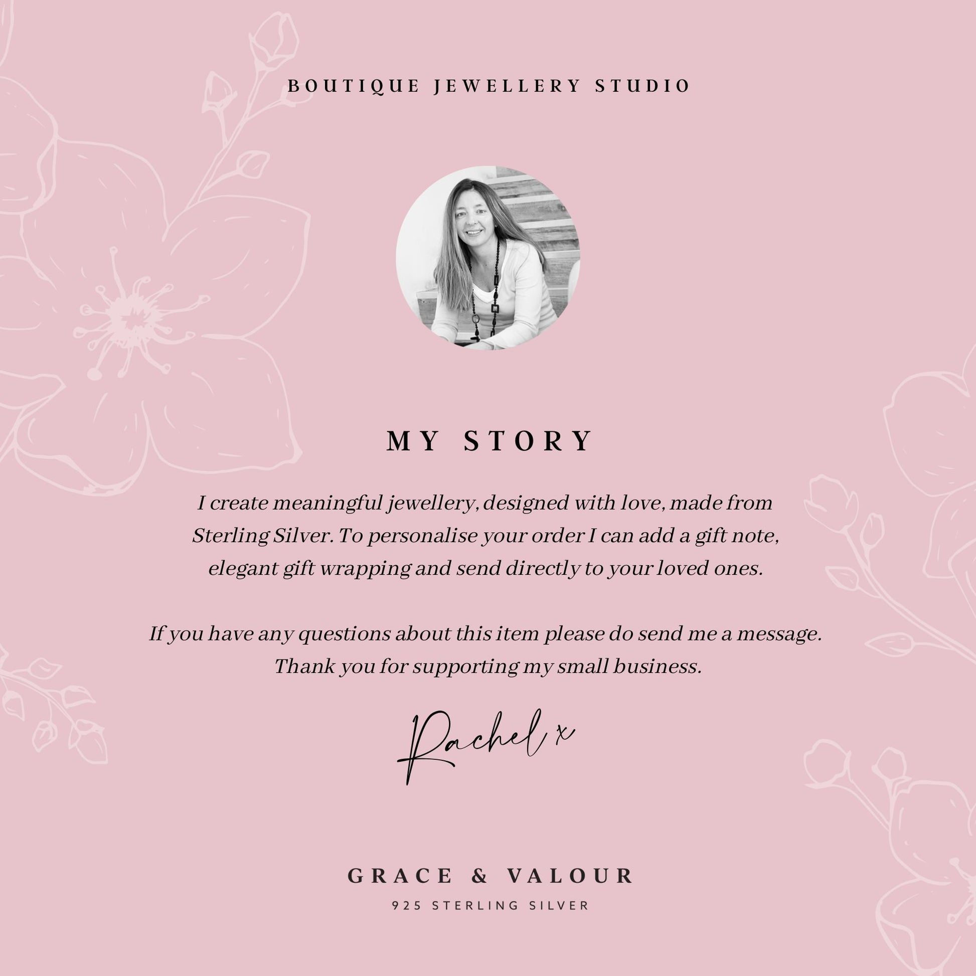 Boutique jewellery studio description on a pink background with floral patterns